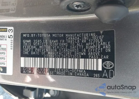 2008 Toyota Corolla Le из США, поврежденный, VIN 2T1BR32E28C913059